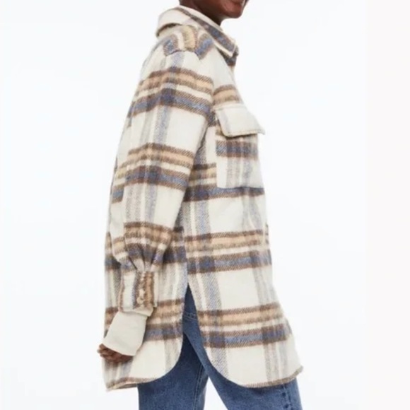 H&M Beige Plaid Wool Blend Oversized Shacket Coat - Picture 4 of 11